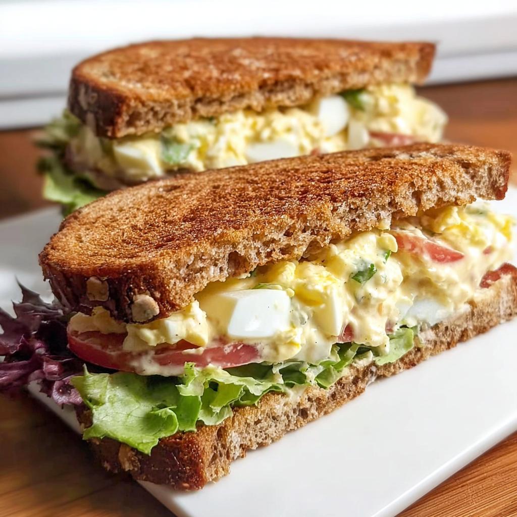 Two halves of a restaurant-style egg salad sandwich on toasted whole wheat bread with lettuce and tomato.
