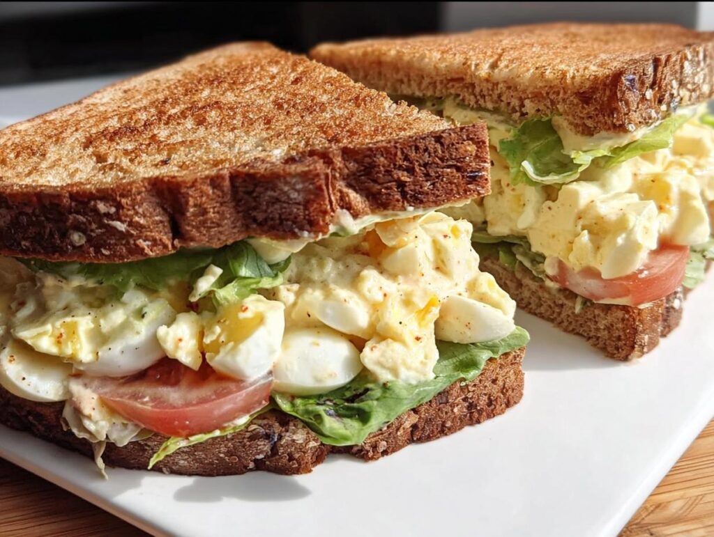 Two halves of a delicious restaurant-style egg salad sandwich with lettuce and tomato on whole wheat bread.
