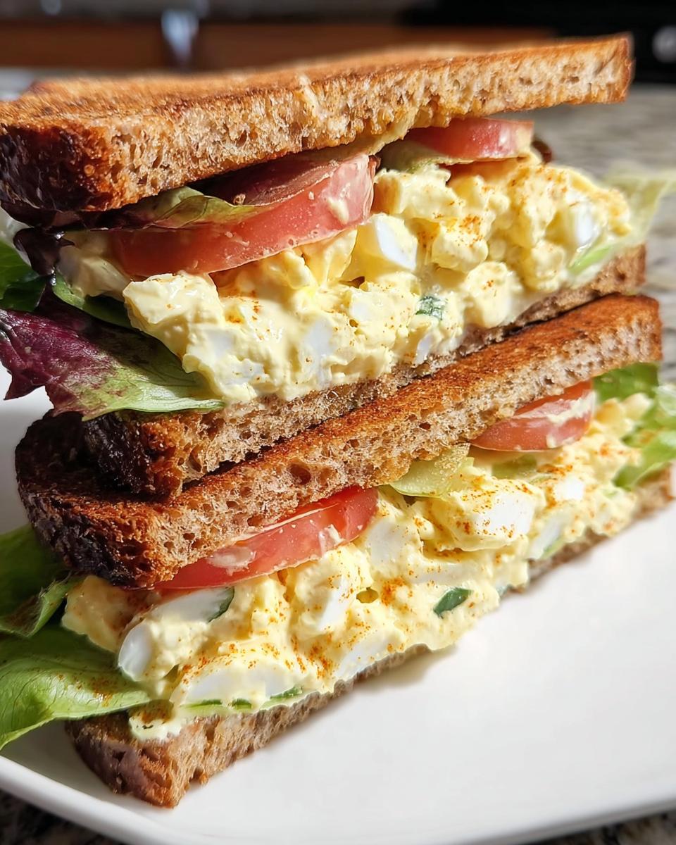A stacked restaurant-style egg salad sandwich with whole wheat toast, lettuce, tomato, and paprika.