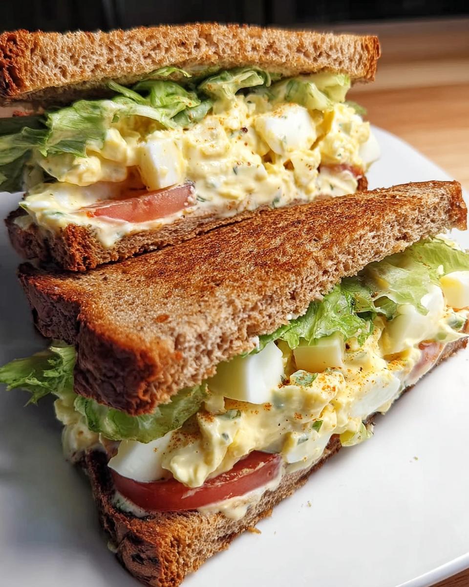 Close-up of two halves of a restaurant-style egg salad sandwich with lettuce, tomato, and toasted whole wheat bread.