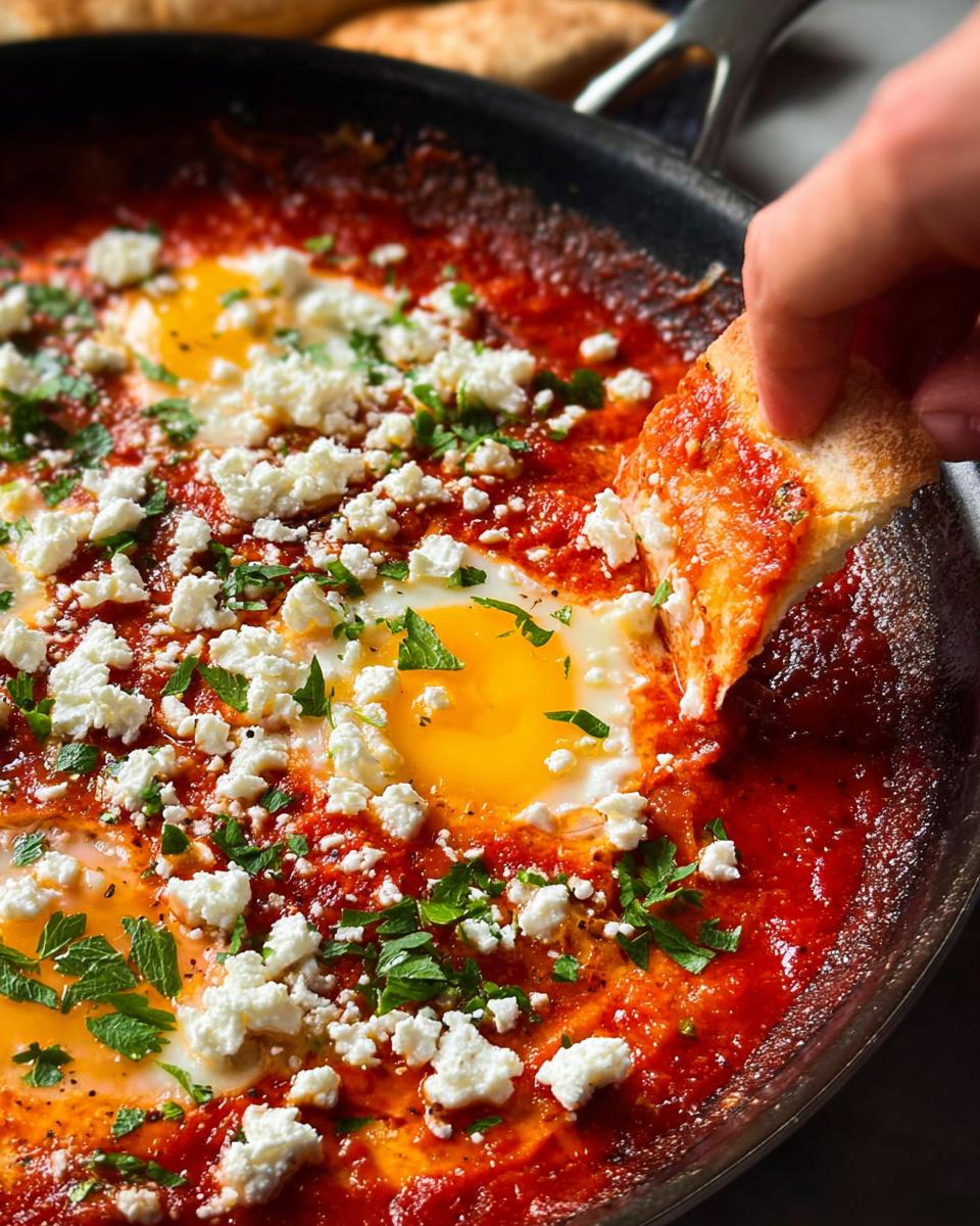 Dipping pita bread into a pan of restaurant-style eggs with tomato sauce and feta cheese.