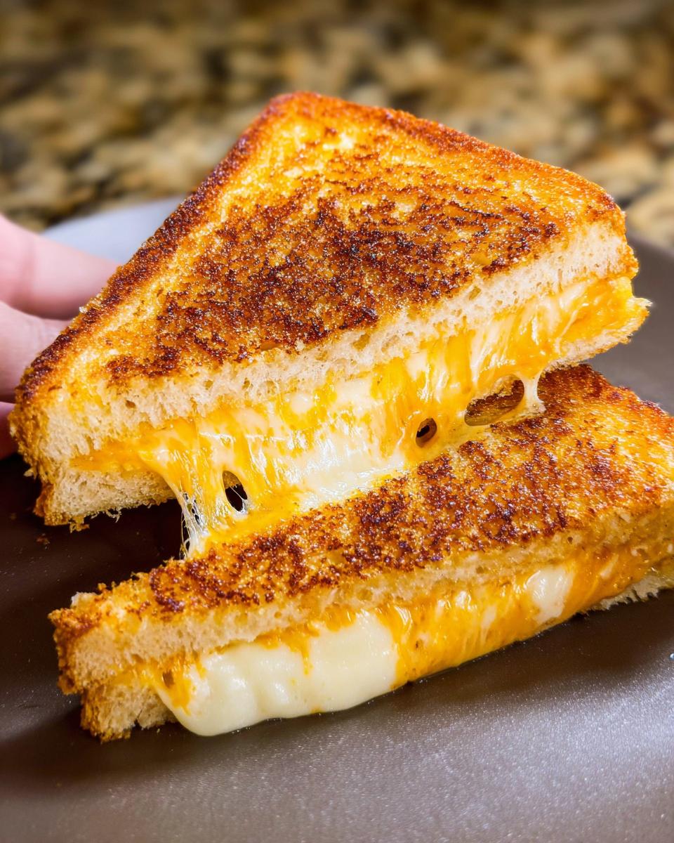 A perfectly toasted restaurant-style grilled cheese sandwich, cut in half, with gooey melted cheese oozing out.