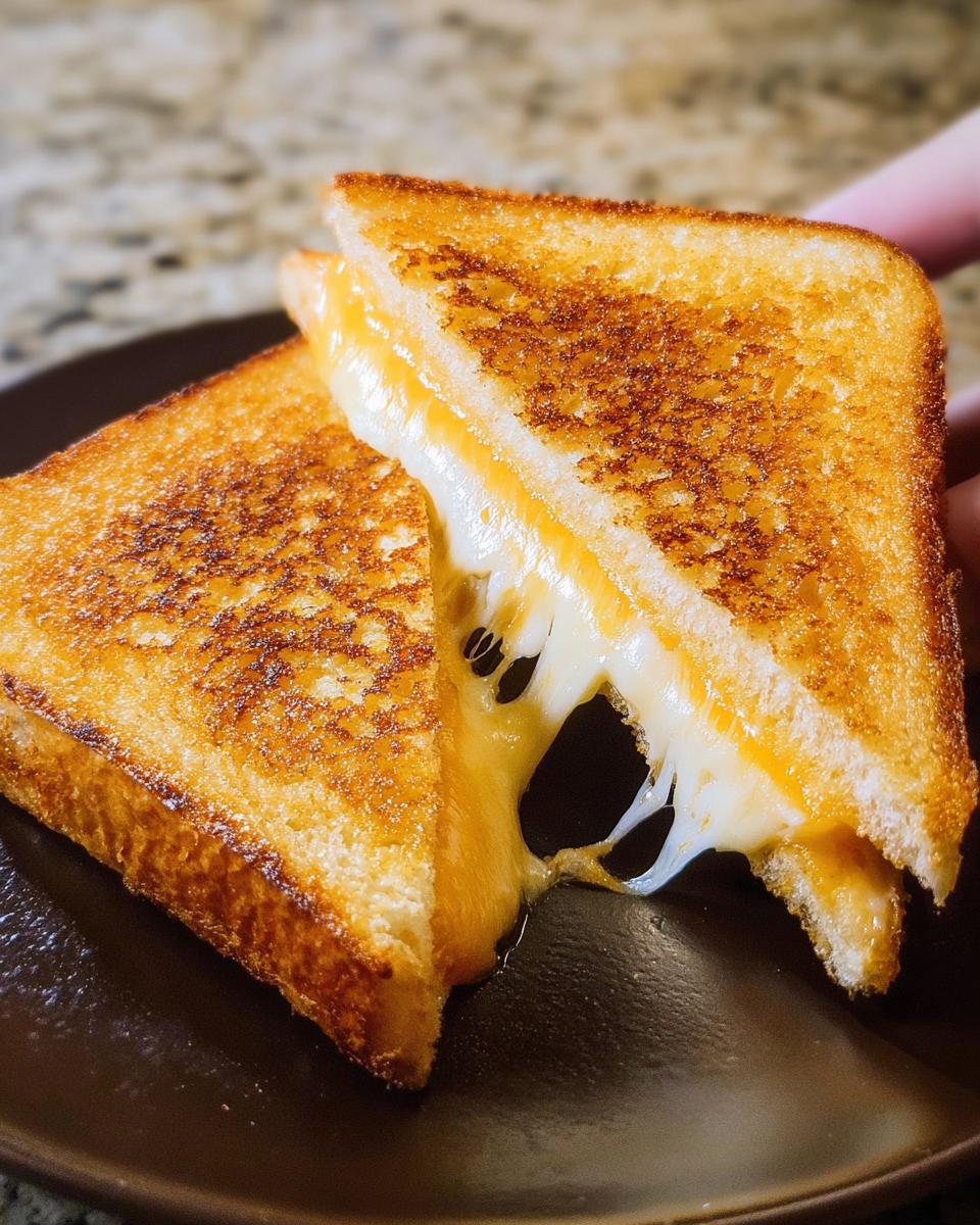 Close-up of a perfectly grilled cheese sandwich, oozing with melted cheese, a classic restaurant-style grilled cheese recipe.