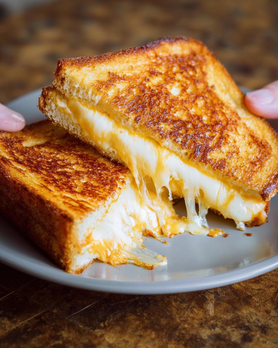 A perfectly grilled cheese sandwich, cut in half, with gooey melted cheese stretching out. Restaurant-style grilled cheese recipes at home.