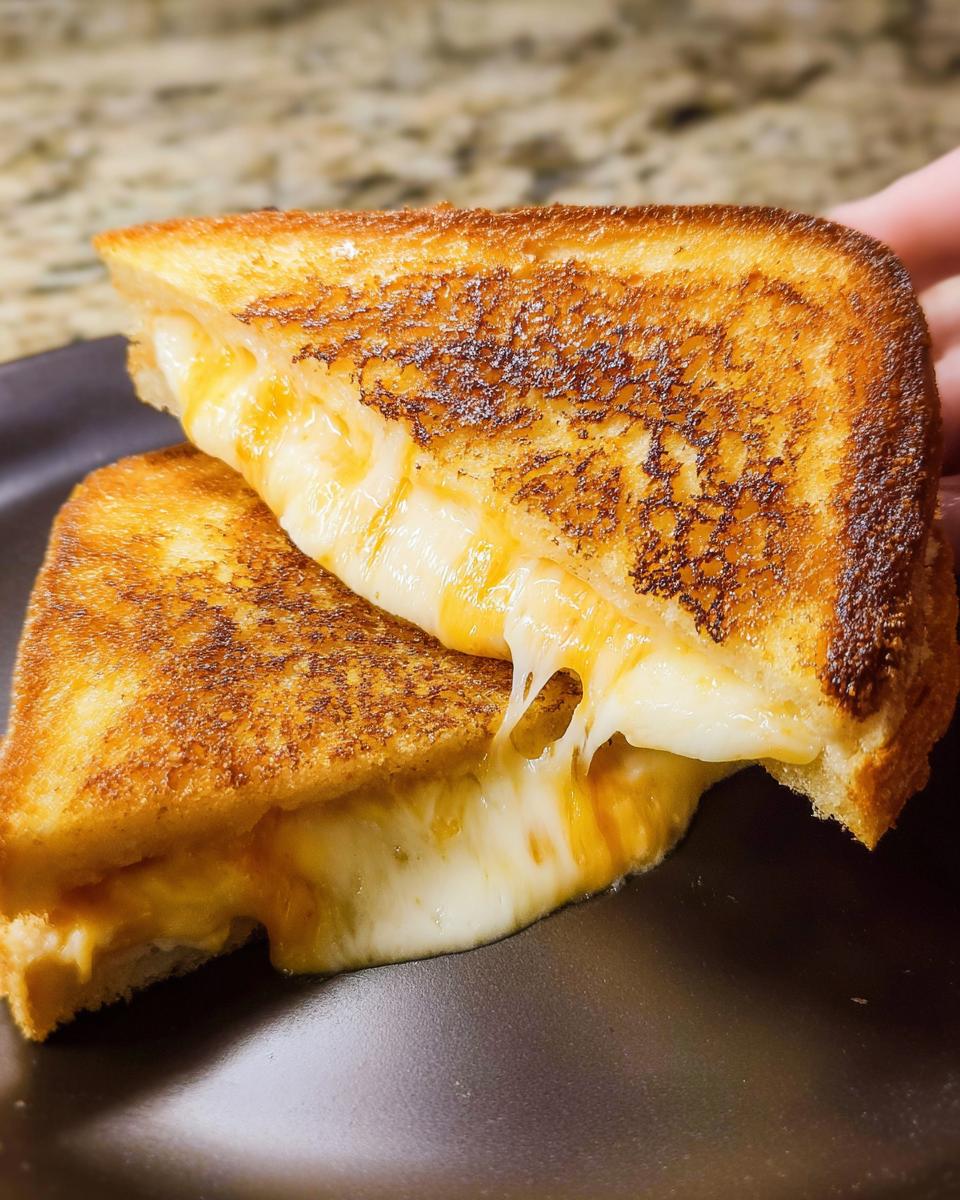 Close-up of a perfectly grilled cheese sandwich, oozing with melted cheese, a restaurant-style grilled cheese recipe at home.