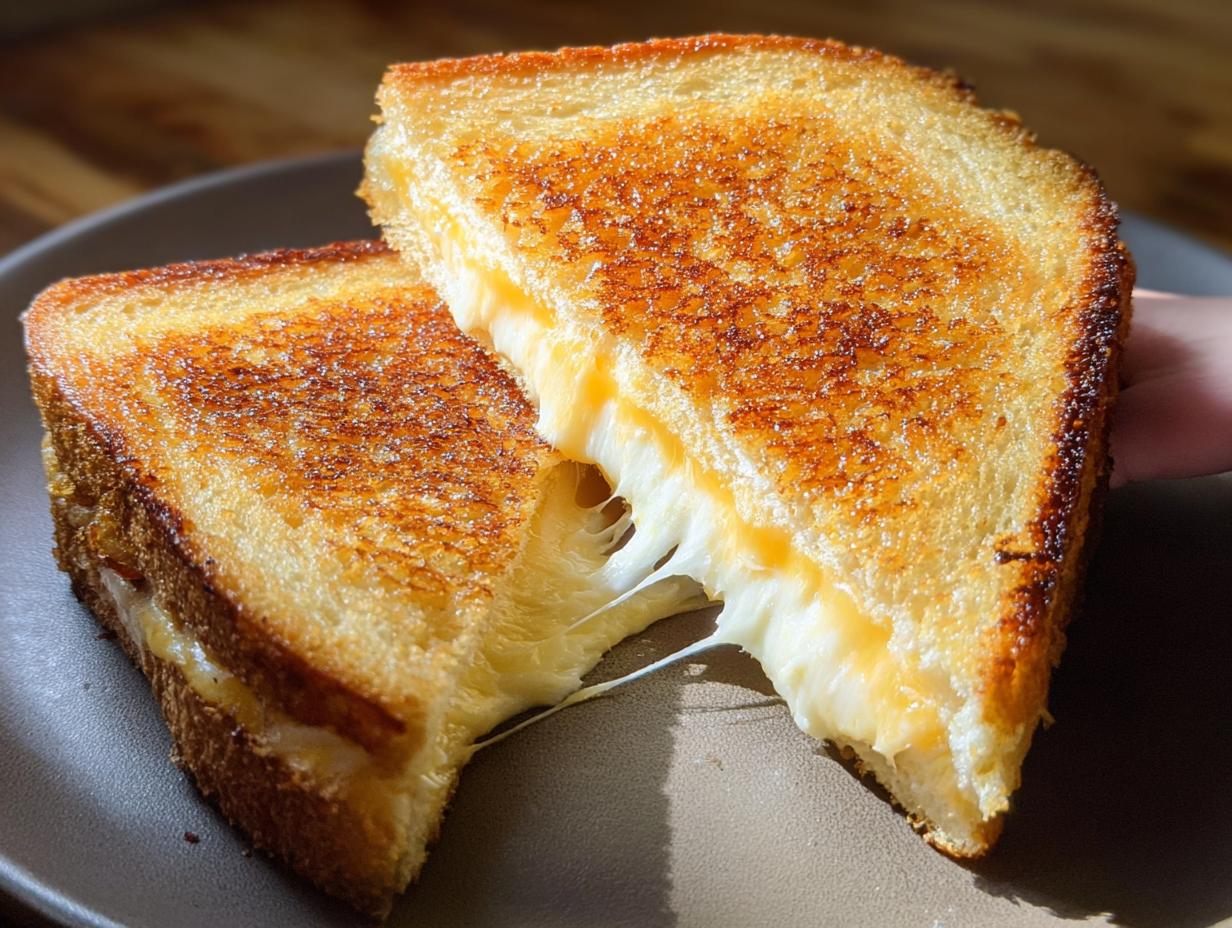Close-up of a perfectly grilled cheese sandwich, oozing with melted cheese, showcasing restaurant-style grilled cheese recipes at home.