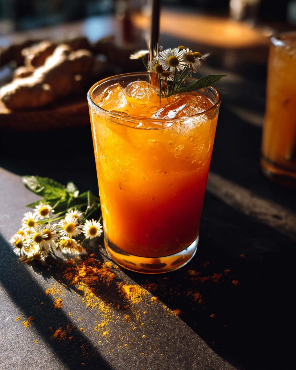 A vibrant orange turmeric ginger drink with ice, garnished with chamomile flowers and mint, perfect for restaurant-style healthy meals at home.