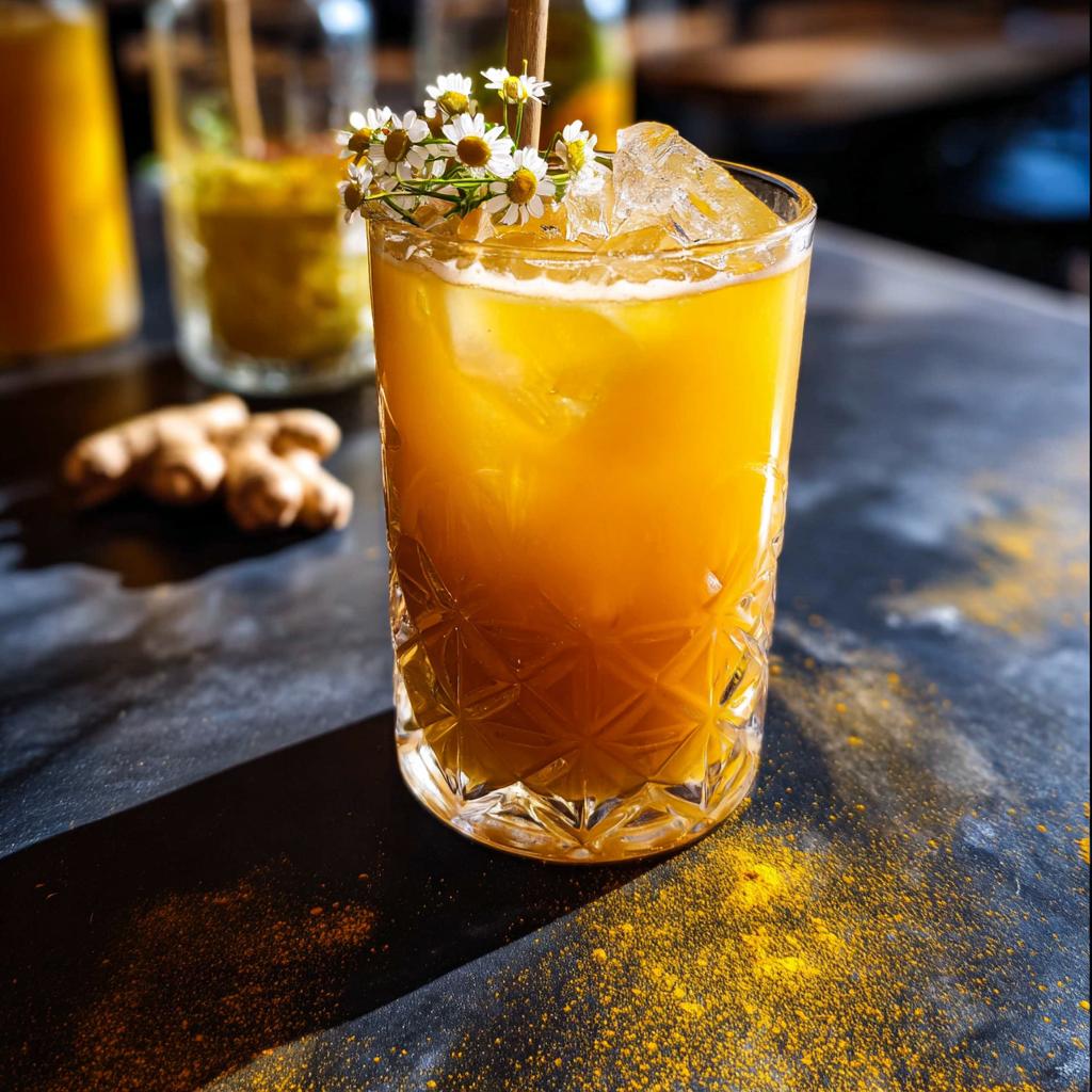 A vibrant turmeric ginger drink with ice, garnished with chamomile flowers, part of Restaurant-Style Healthy Meals Recipes at Home (2025).