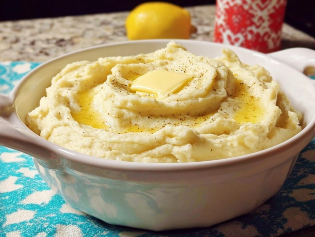 A close-up of creamy restaurant-style mashed potatoes served in a white bowl, topped with melted butter and black pepper.