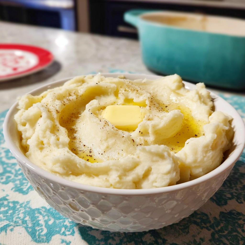 A bowl of creamy restaurant-style mashed potatoes topped with melted butter and black pepper.
