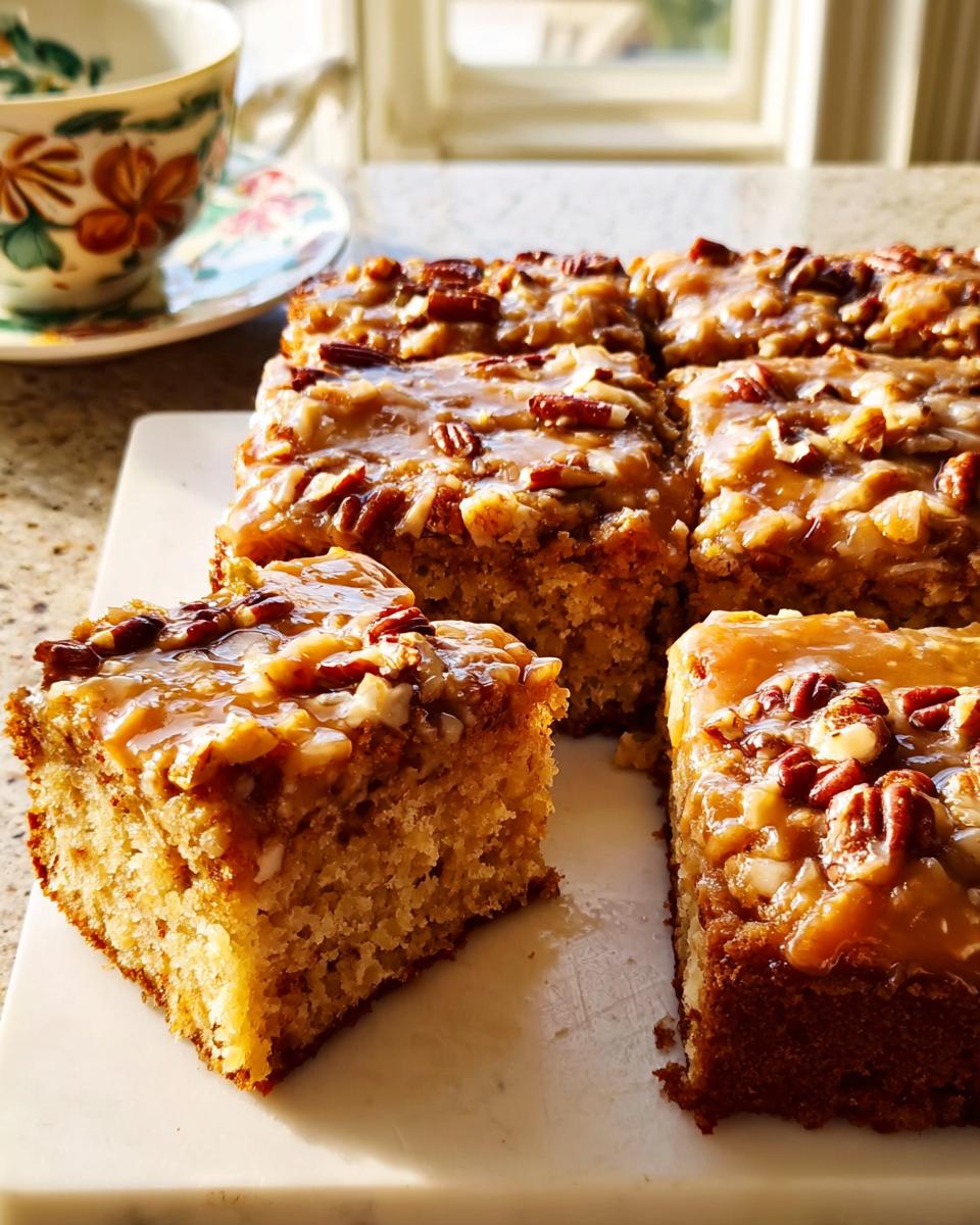 A close-up of a slice of restaurant-style pecan cake with caramel glaze and nuts.
