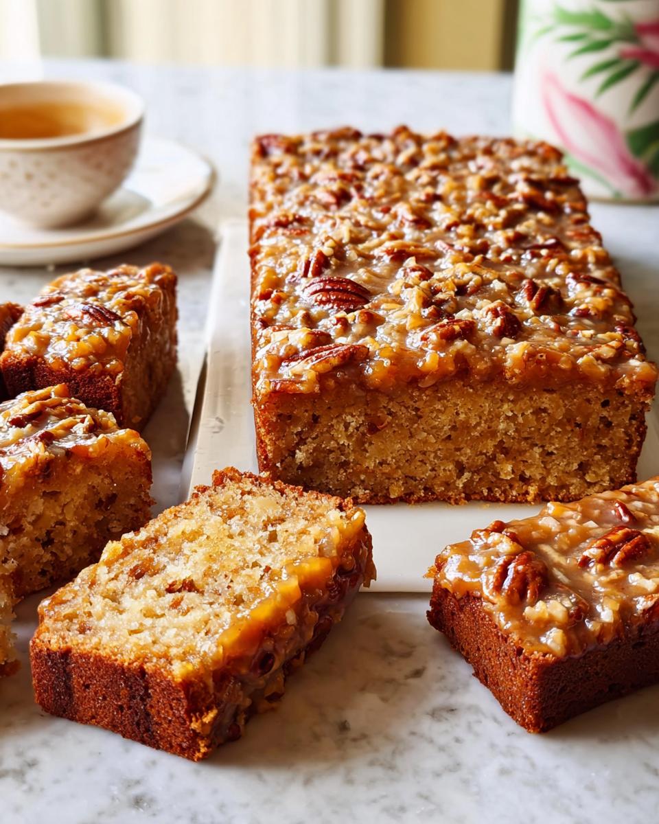 Close-up of a restaurant-style pecan praline cake, sliced to reveal moist crumb and glossy topping.
