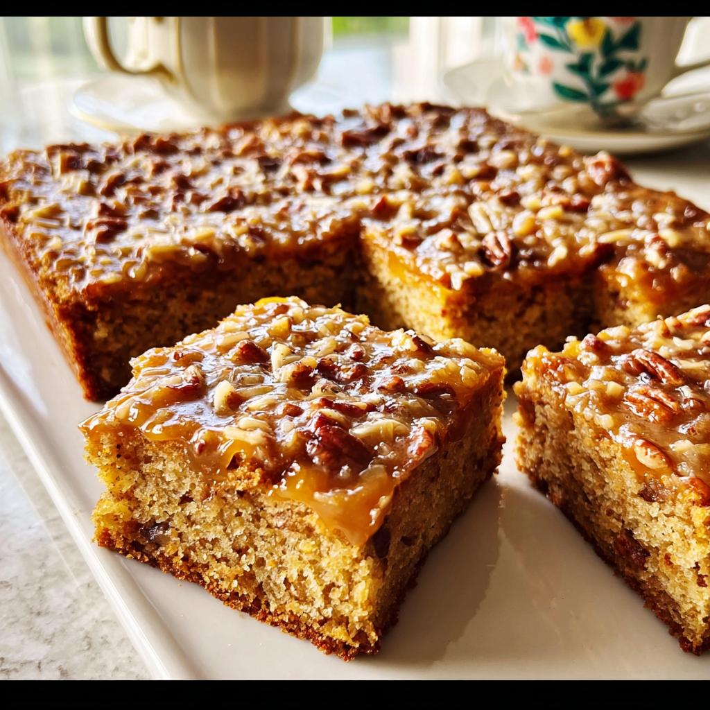 A close-up of a decadent pecan praline cake slice, showcasing the moist crumb and glossy caramel topping.