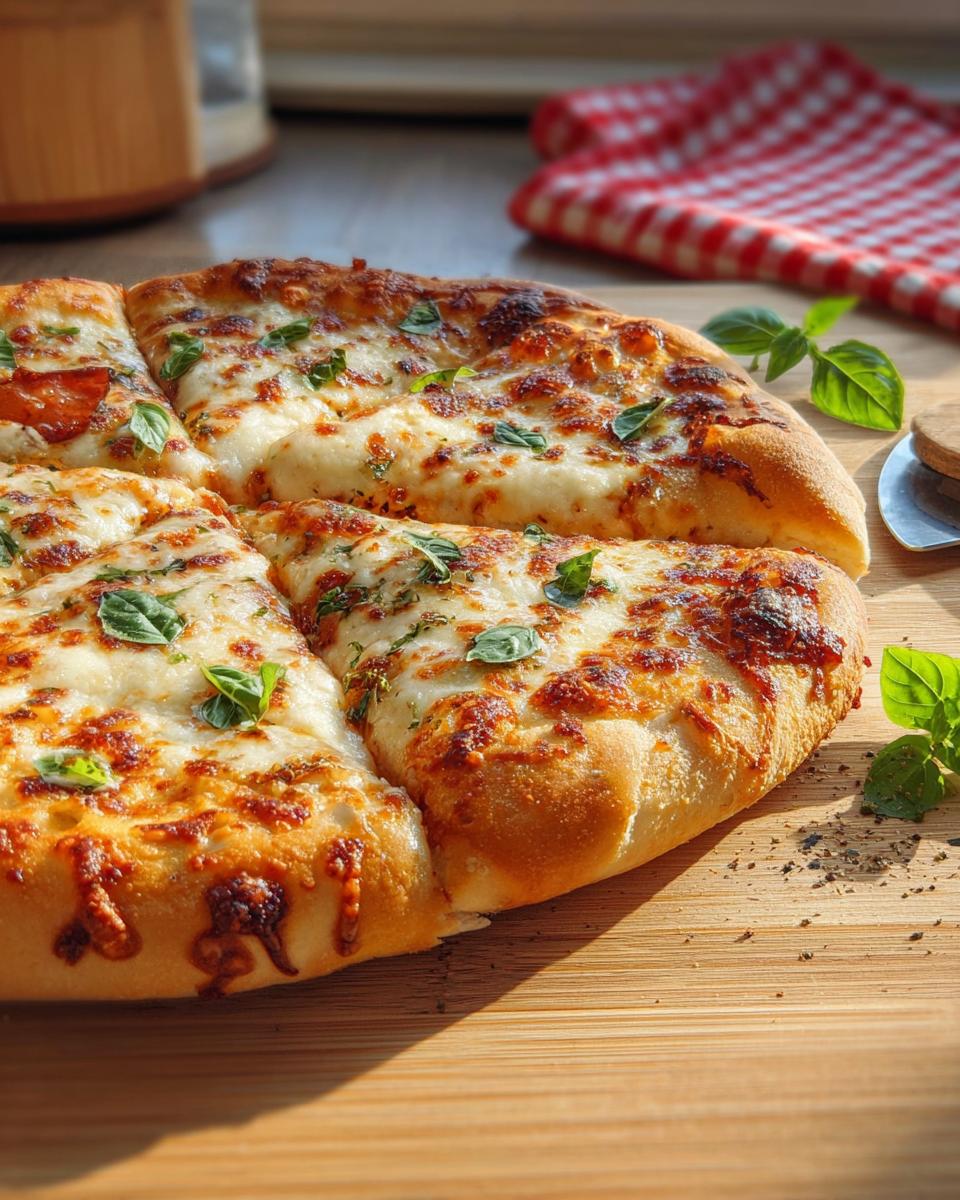 A delicious, cheesy pizza cut into slices, perfect for a restaurant-style pizza night at home.