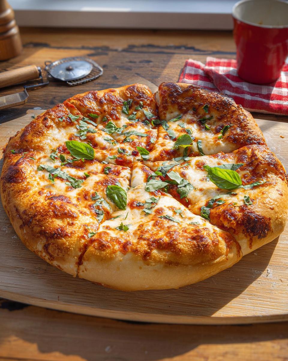 A freshly baked, golden-brown pizza with melted cheese and basil, perfect for restaurant-style pizza night recipes at home.