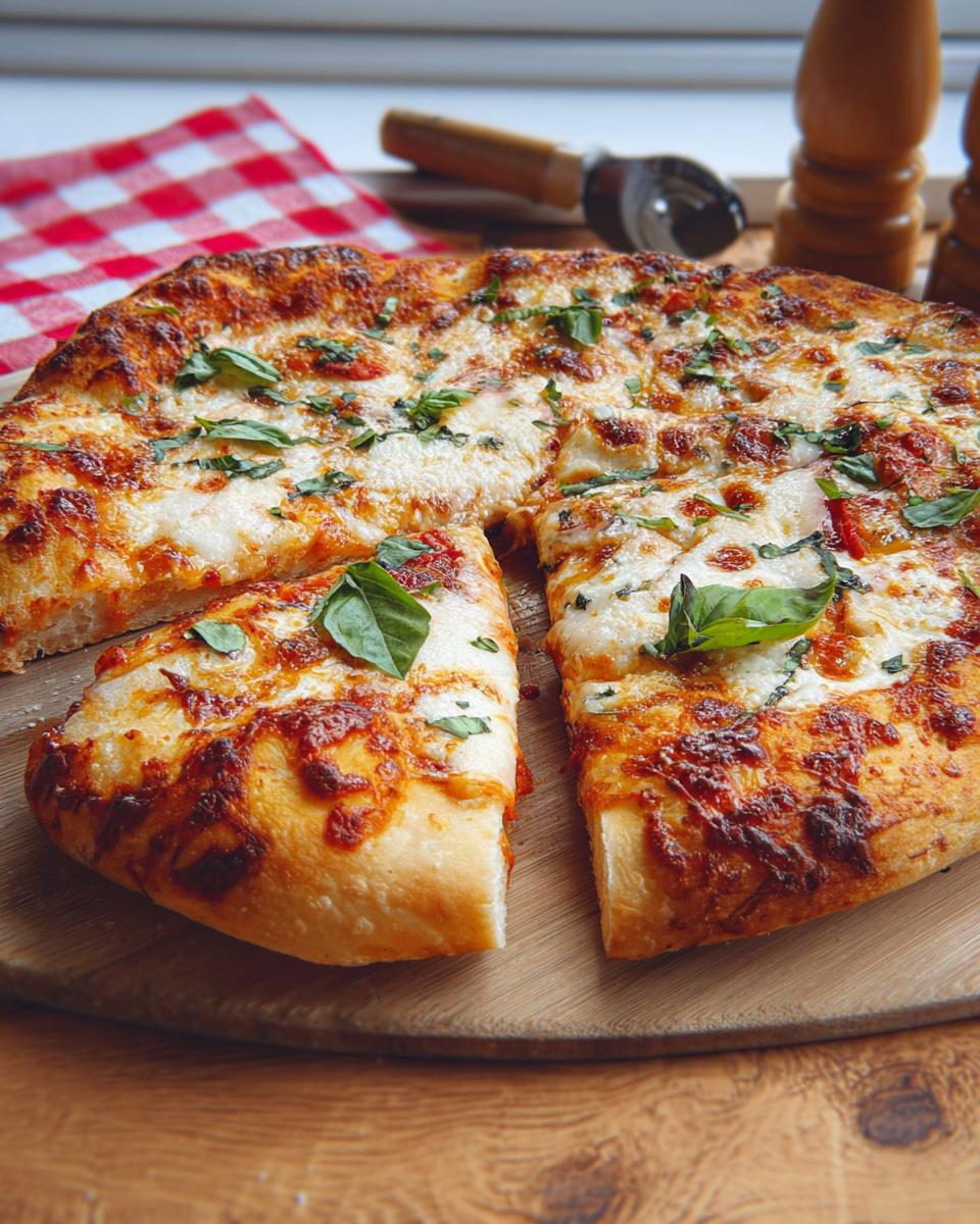 A freshly baked restaurant-style pizza with melted cheese and basil, perfect for pizza night recipes at home.