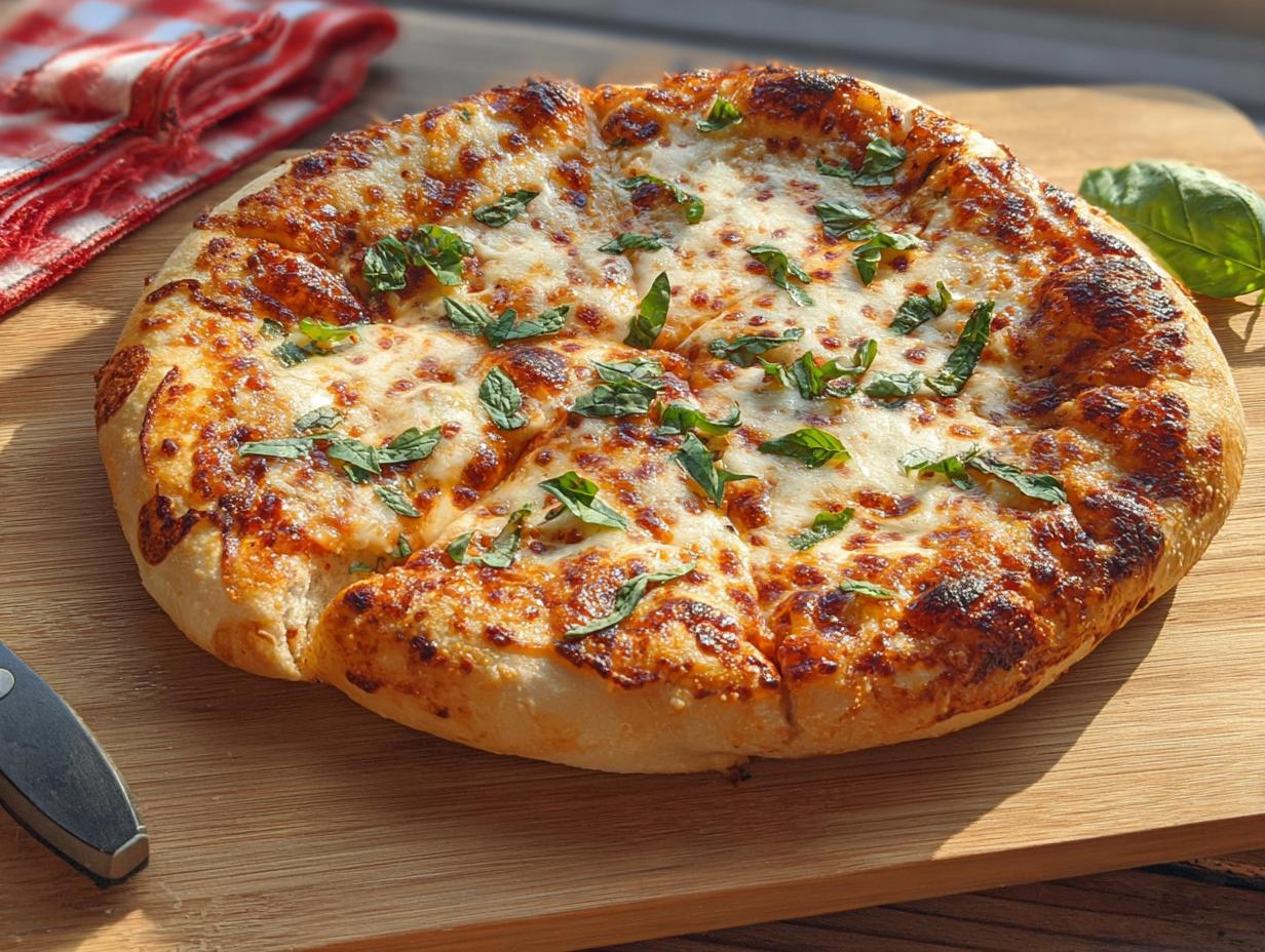 A golden-brown, freshly baked pizza with melted cheese and fresh basil, perfect for restaurant-style pizza night at home.