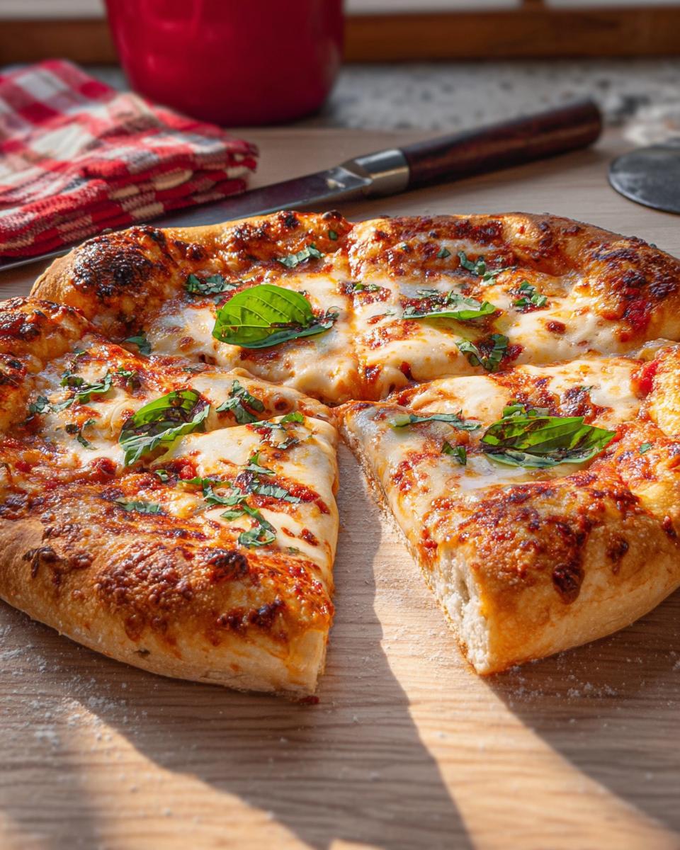 A freshly baked restaurant-style pizza, sliced and topped with melted cheese and basil, perfect for pizza night recipes at home.