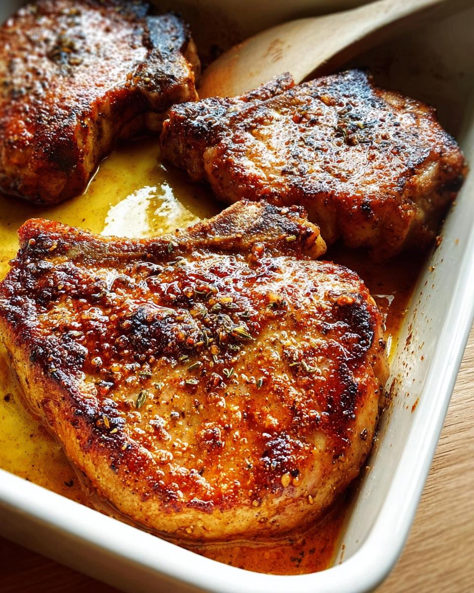 Three juicy, pan-seared pork chops in a white baking dish, glistening with sauce and herbs. Restaurant-Style Pork Chops Recipes at Home.