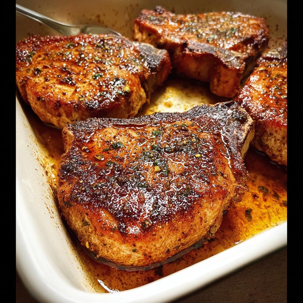 Juicy pan-seared pork chops in a white baking dish, glistening with savory sauce and herbs. Restaurant-Style Pork Chops Recipes at Home.