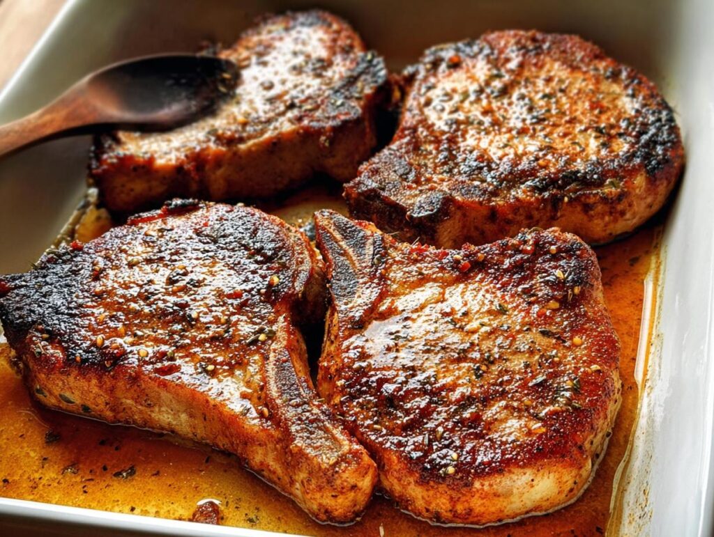 Four perfectly cooked restaurant-style pork chops in a white dish, glistening with sauce and herbs.