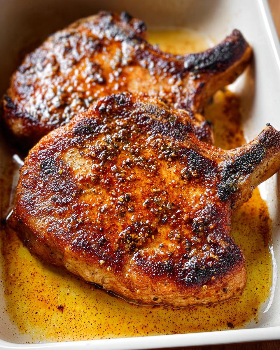 Two juicy, pan-seared restaurant-style pork chops in a white dish with rendered fat and spices.
