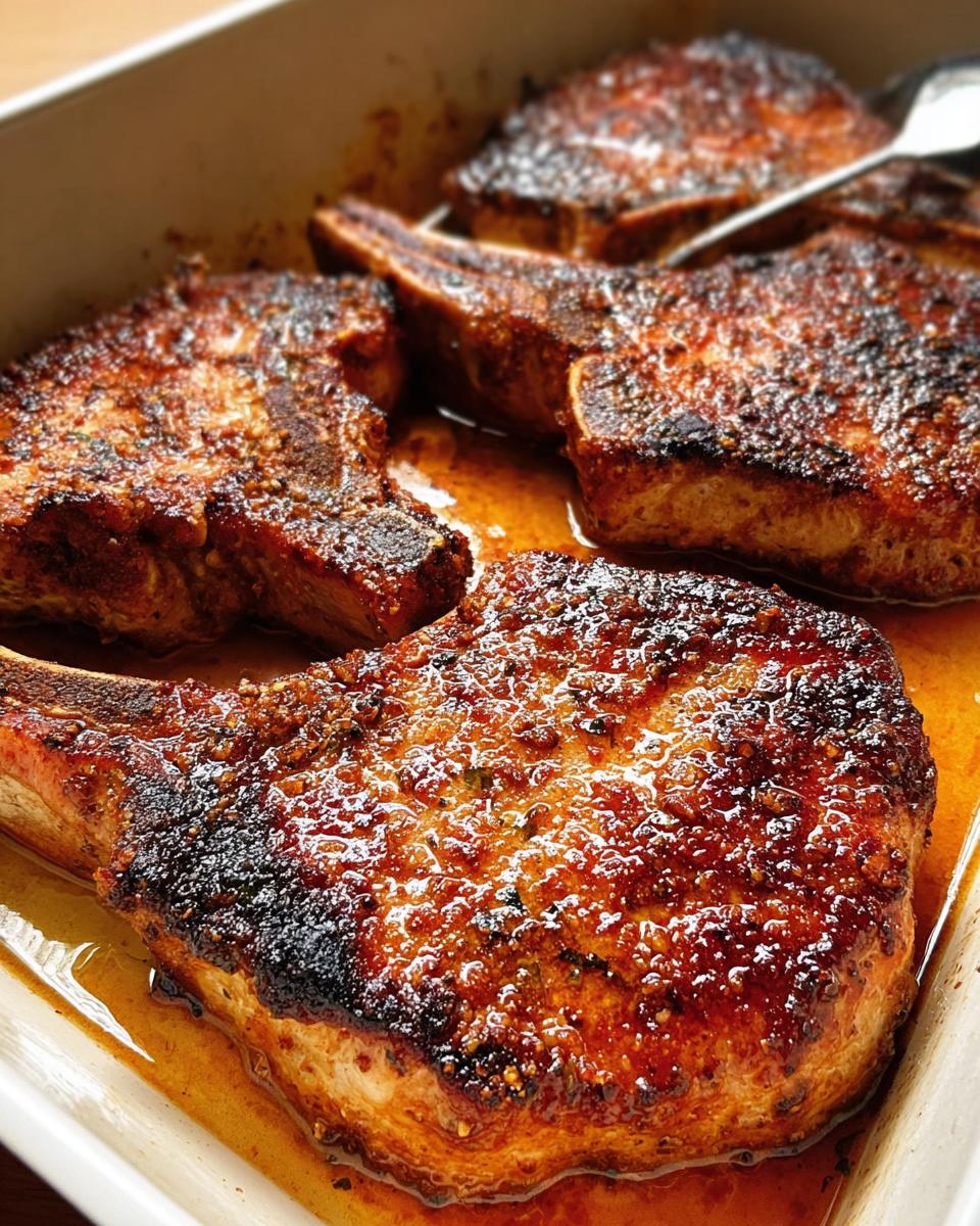 Close-up of juicy, perfectly seared restaurant-style pork chops in a baking dish, ready to be served.