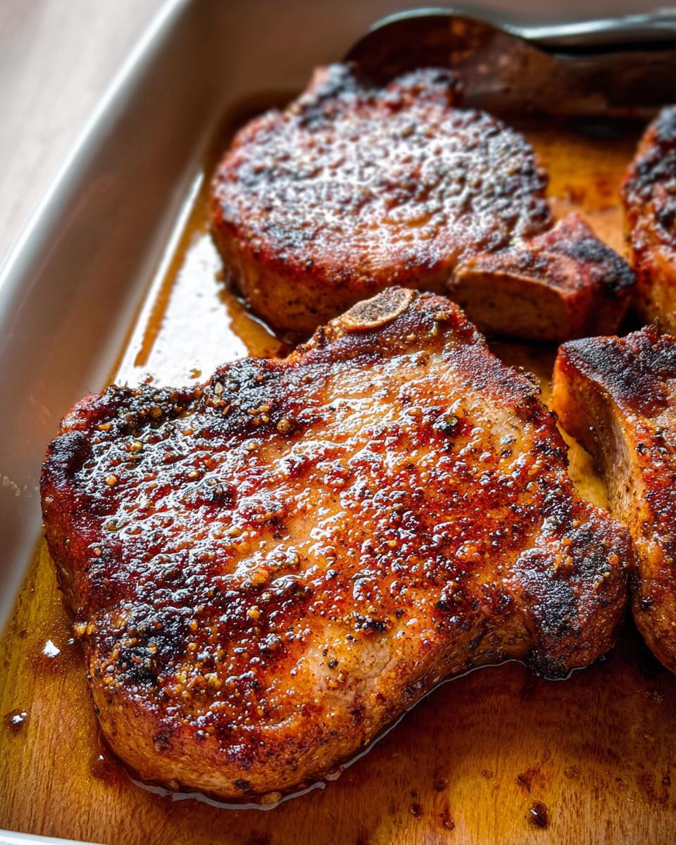 Close-up of juicy, pan-seared restaurant-style pork chops with a flavorful crust, ready for a home recipe.