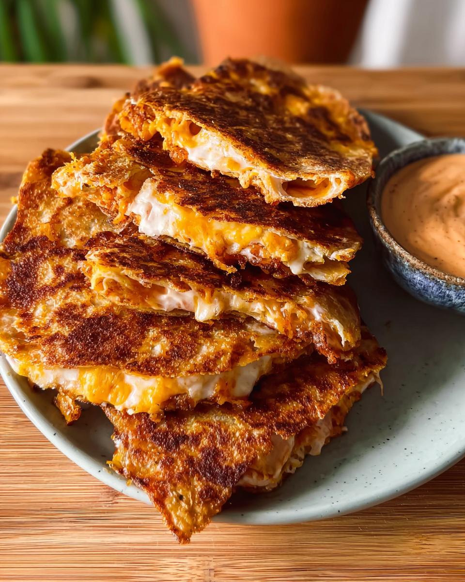 Stack of golden-brown quesadillas filled with melted cheese, served with a side of dipping sauce for Taco Tuesday.