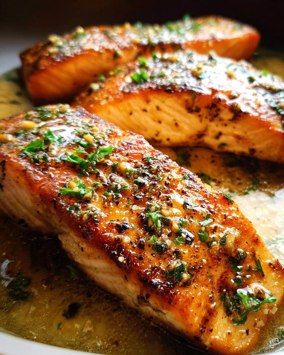 Close-up of three pan-seared salmon fillets in a buttery garlic sauce, garnished with parsley, for a restaurant-style salmon recipe.