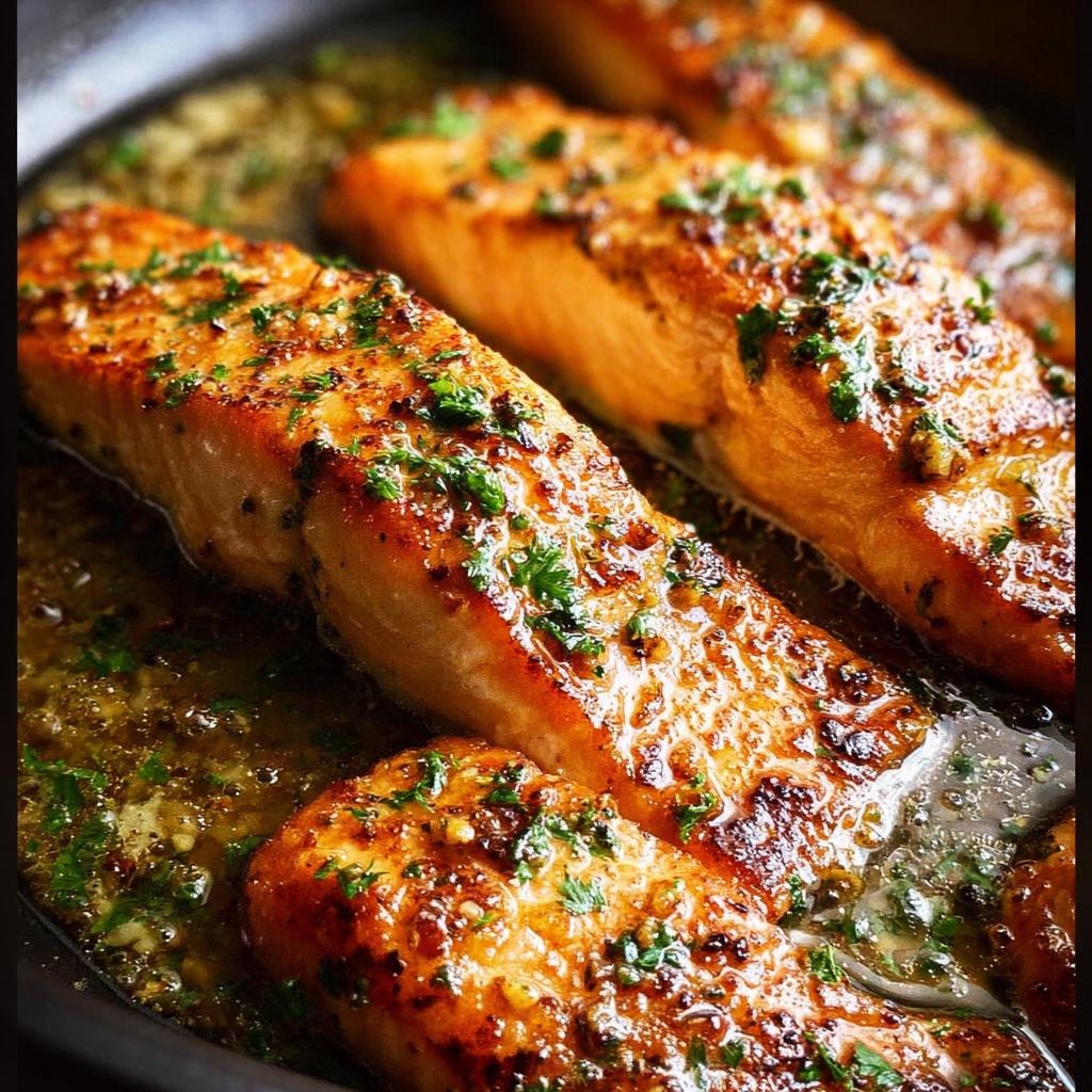 Close-up of pan-seared salmon fillets with a golden-brown crust, glistening in a buttery herb sauce, perfect for restaurant-style salmon recipes at home.