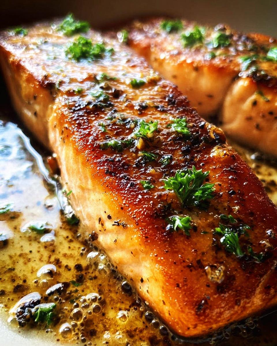 Close-up of perfectly cooked salmon fillets with a golden-brown crust, seasoned and garnished with parsley, part of restaurant-style salmon recipes at home.