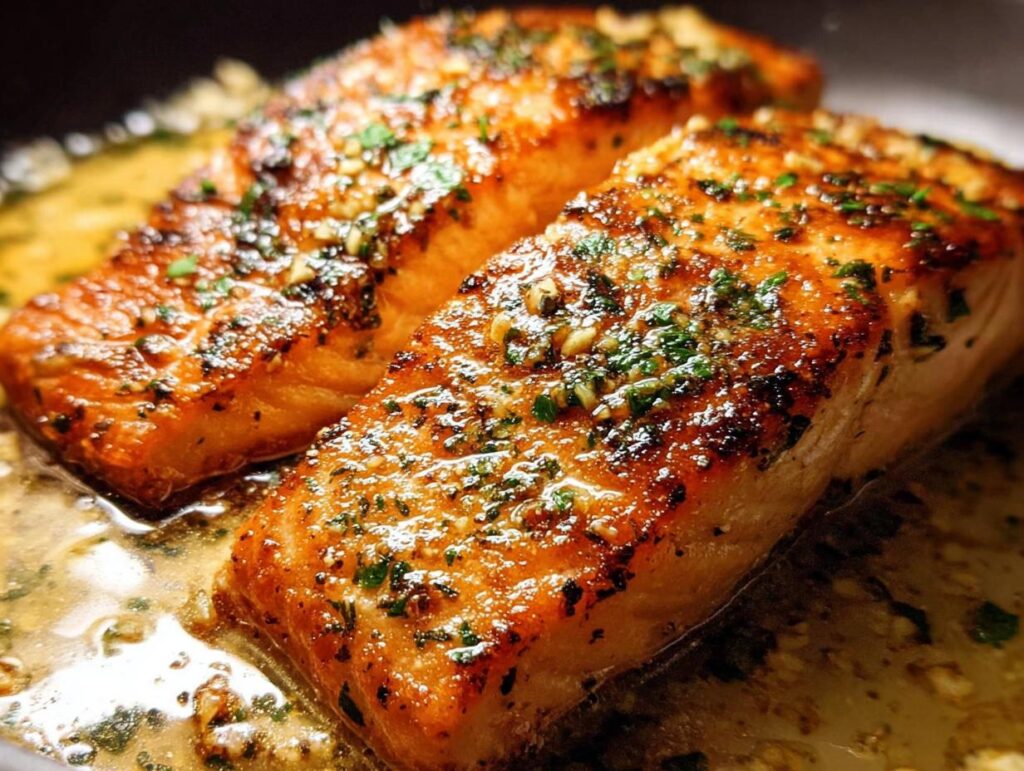 Close-up of two pan-seared salmon fillets in a buttery garlic sauce, seasoned with herbs, perfect for restaurant-style salmon recipes at home.