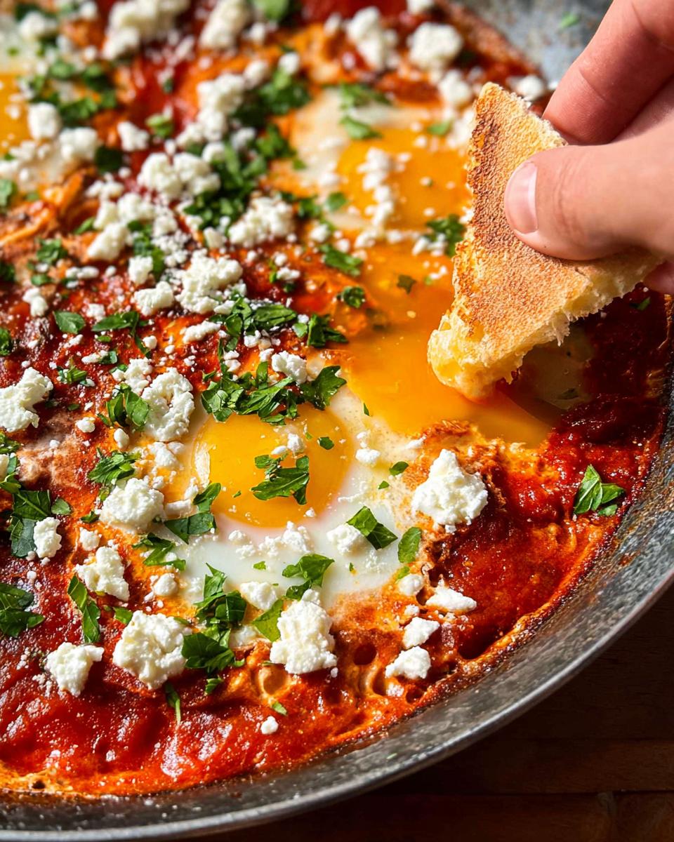 A hand dips bread into a pan of restaurant-style shakshuka, a dish with eggs poached in tomato sauce, topped with feta and parsley.