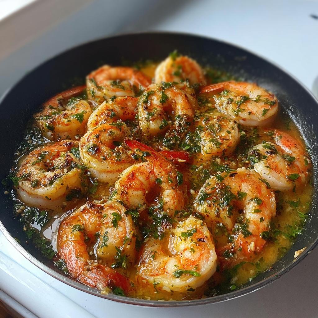 Close-up of juicy, pan-seared shrimp in garlic butter sauce, a perfect restaurant-style shrimp recipe at home.