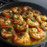 Close-up of juicy, pan-seared shrimp in a garlic butter sauce with parsley, part of restaurant-style shrimp recipes at home.