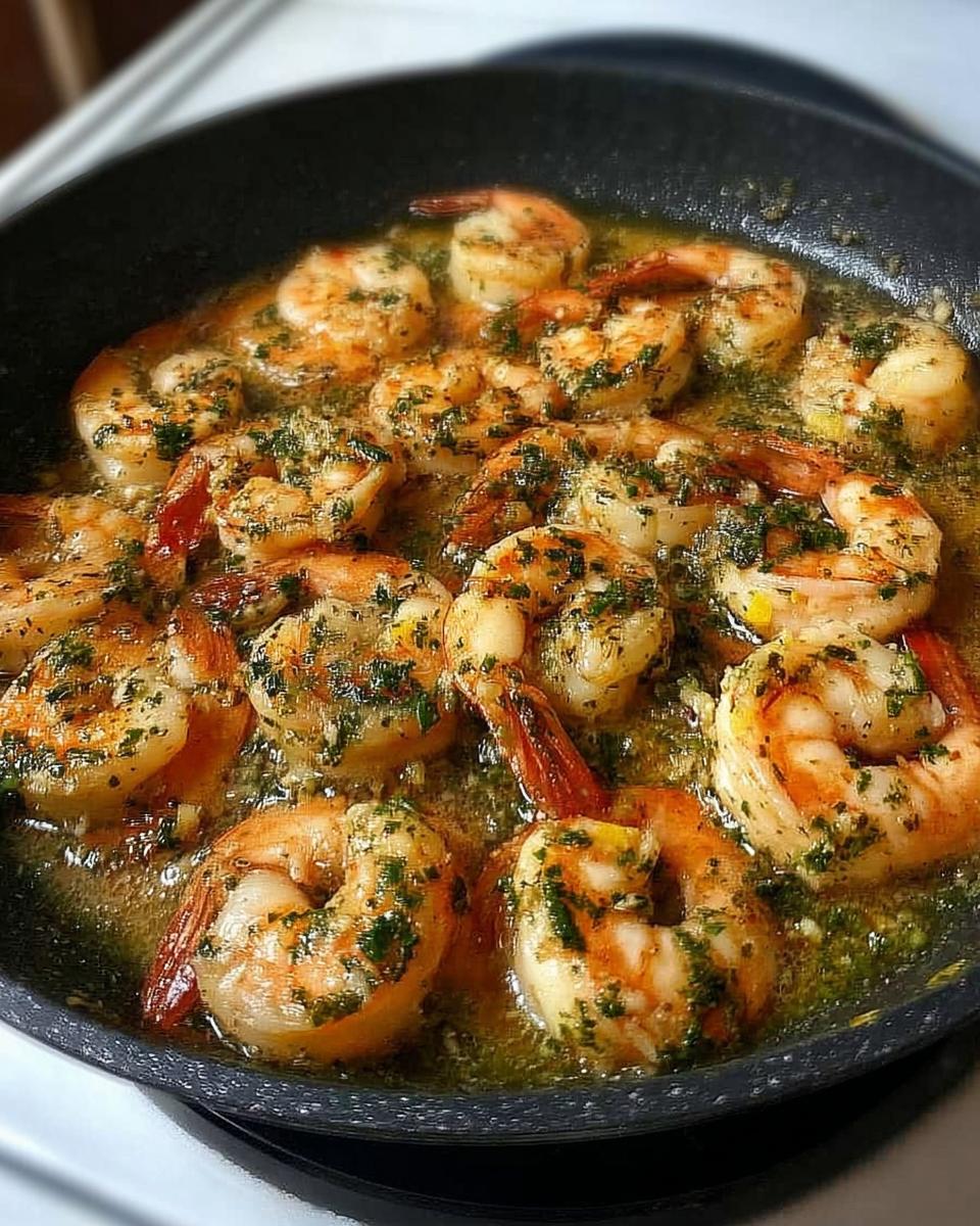 Close-up of juicy shrimp cooked in garlic butter sauce with herbs, a perfect example of restaurant-style shrimp recipes at home.