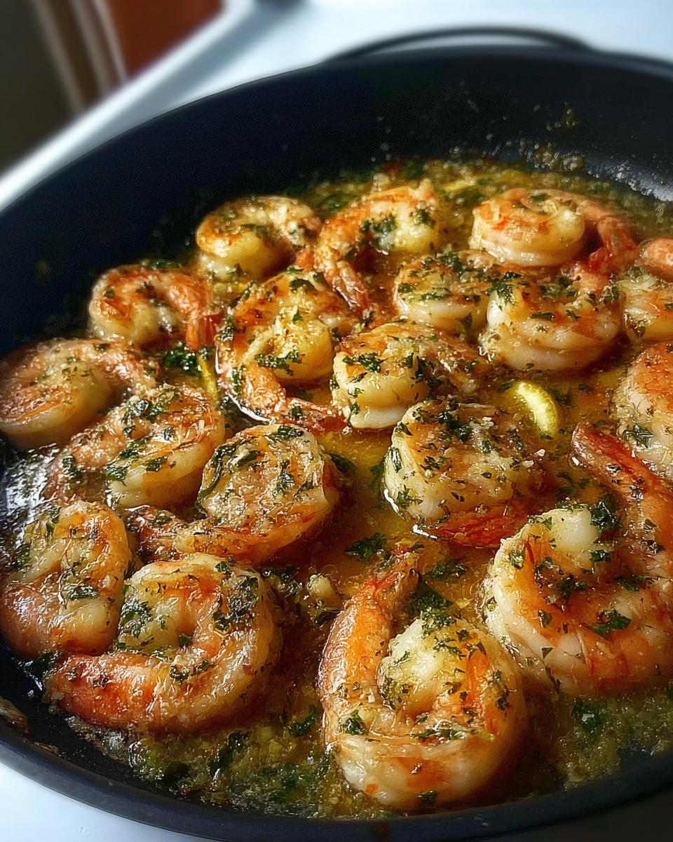 Close-up of succulent shrimp cooked in garlic butter sauce, a delicious restaurant-style shrimp recipe.