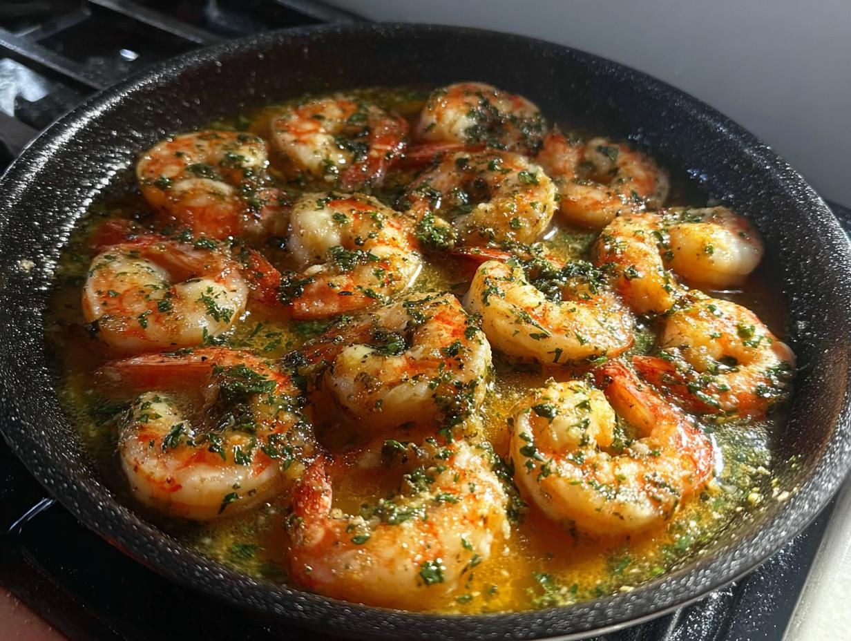 Close-up of juicy, pan-seared shrimp in a garlic butter sauce with parsley, part of restaurant-style shrimp recipes at home.