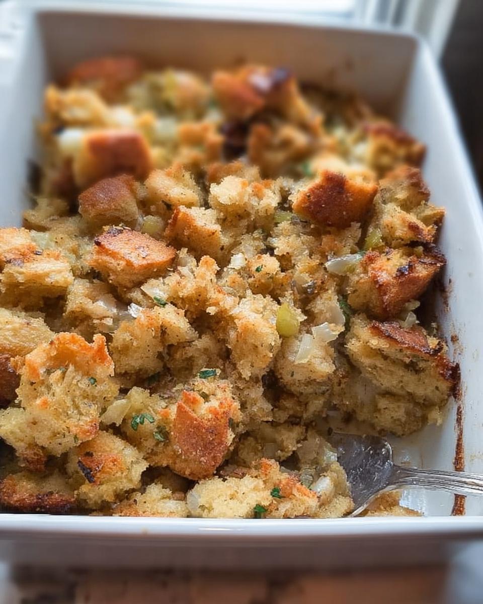 Close-up of a white baking dish filled with golden-brown restaurant-style stuffing, with a fork digging in.