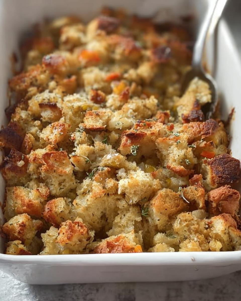 Close-up of a white baking dish filled with golden-brown restaurant-style stuffing, ready to serve.