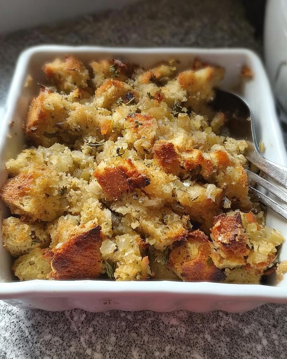 Close-up of a white baking dish filled with golden-brown bread cubes and herbs, ready to serve Restaurant-Style Stuffing Recipes at Home.