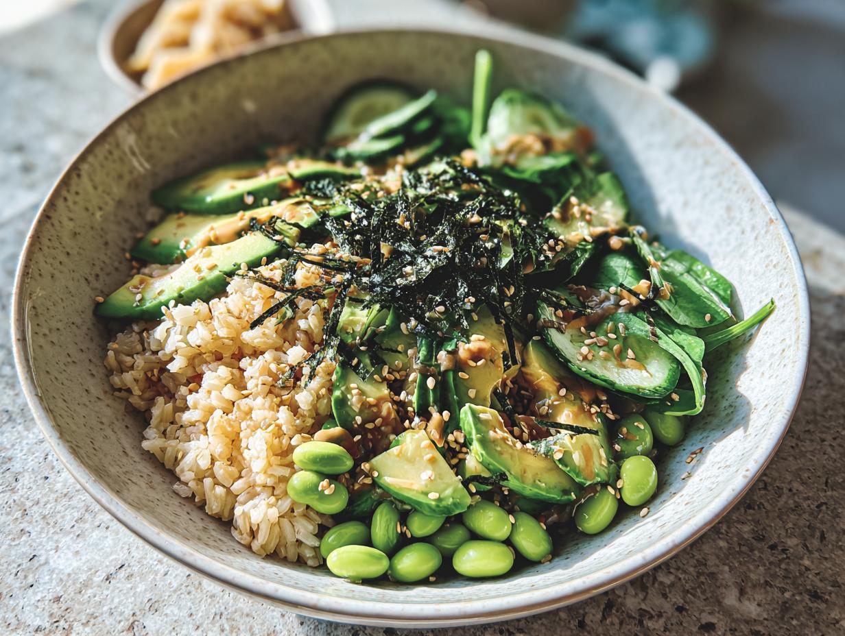 A vibrant rice bowl featuring brown rice, sliced avocado, edamame, spinach, cucumber, and nori, drizzled with a creamy dressing and sesame seeds.