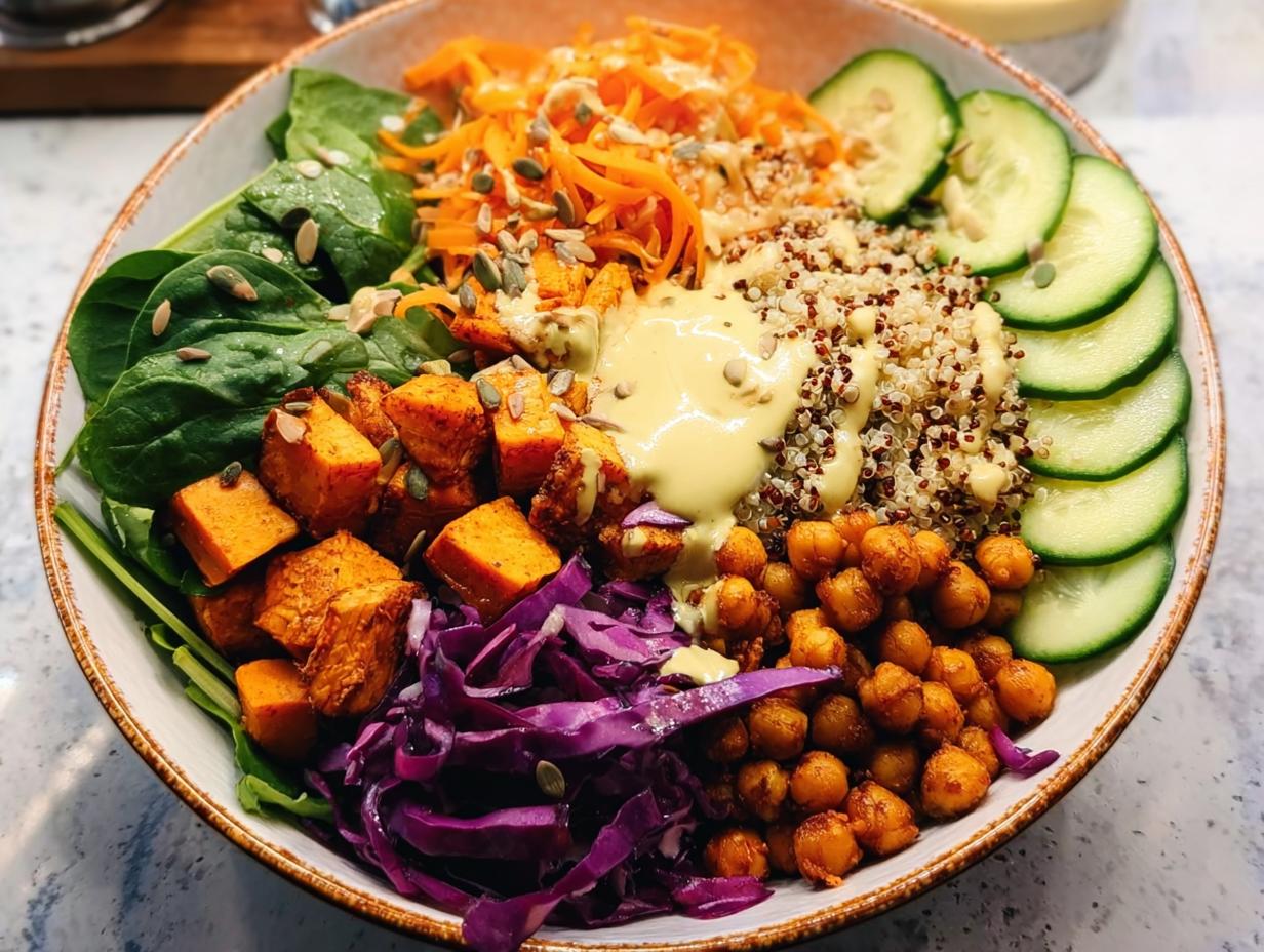 A vibrant and colorful rice bowl recipe featuring quinoa, roasted sweet potatoes, chickpeas, spinach, shredded carrots, cucumber, and red cabbage.