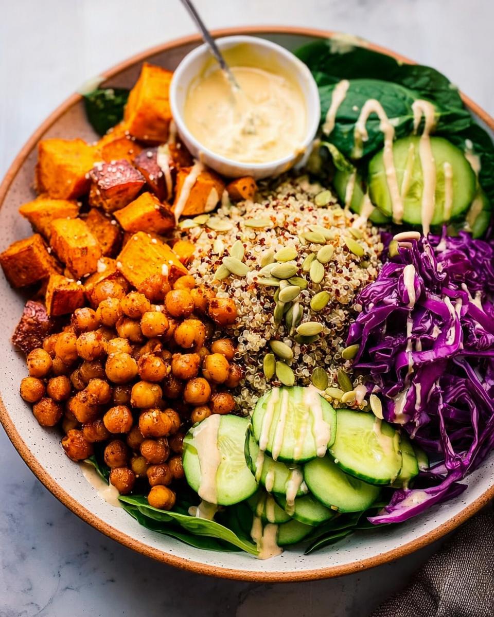 A vibrant rice bowl featuring roasted sweet potatoes, chickpeas, quinoa, cucumber, red cabbage, and a creamy dressing.