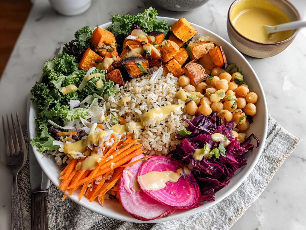 A vibrant and healthy rice bowl featuring brown rice, roasted sweet potatoes, chickpeas, kale, shredded carrots, red cabbage, and radish slices, drizzled with dressing.
