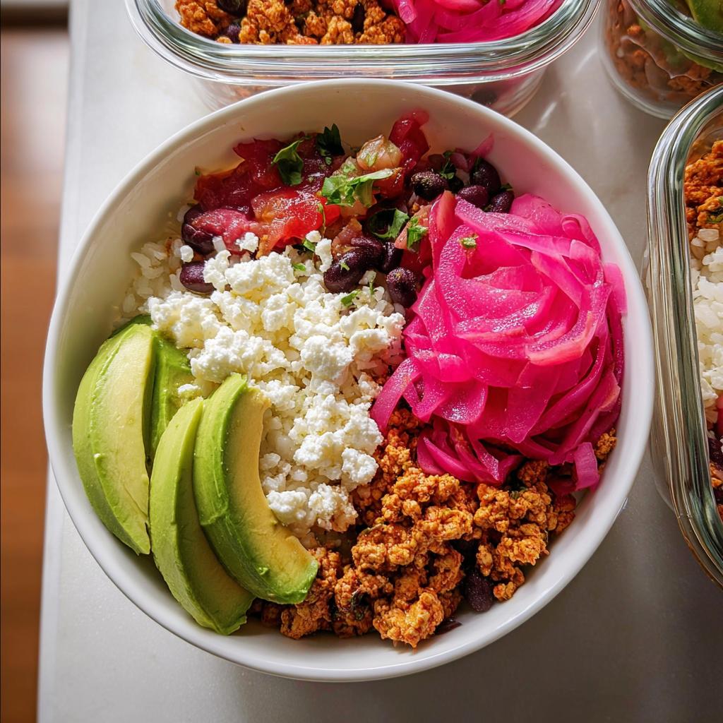 A vibrant and delicious rice bowl recipe for meal prep, featuring rice, seasoned ground meat, black beans, avocado, crumbled cheese, and pickled red onions.