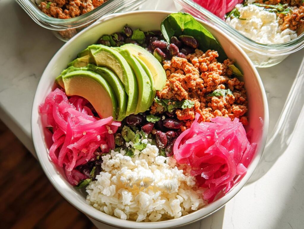 A vibrant bowl of rice, seasoned ground meat, black beans, sliced avocado, pickled red onions, and crumbled cheese, perfect for meal prep.