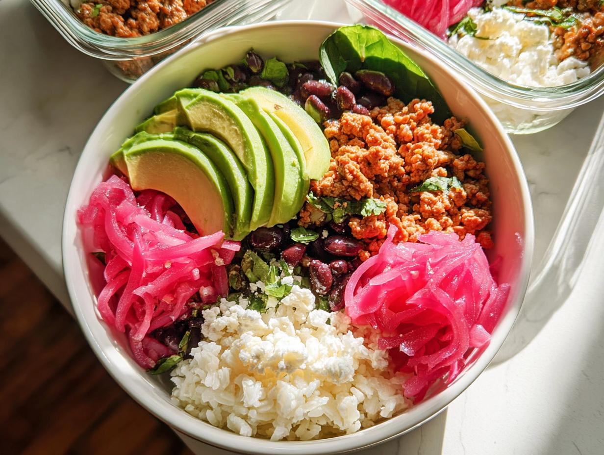A vibrant bowl of rice, seasoned ground meat, black beans, sliced avocado, pickled red onions, and crumbled cheese, perfect for meal prep.