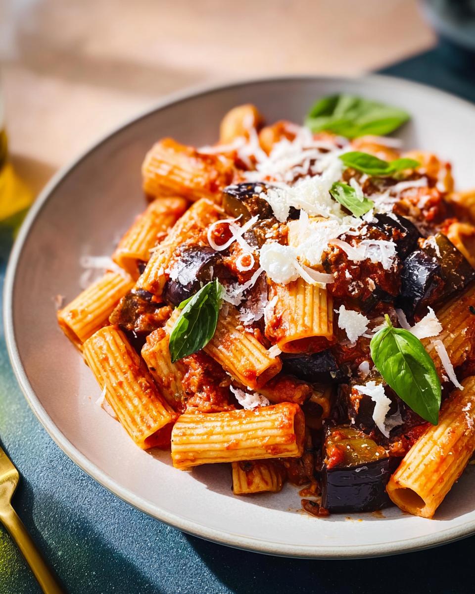 A close-up of rigatoni pasta with chunks of eggplant in a rich tomato sauce, topped with shaved parmesan and fresh basil. Part of 12-Ingredient Pasta Recipes.